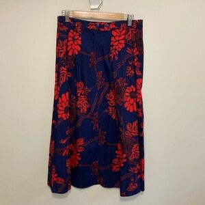 Women’s handmade floral long skirt, blue with red flowers, pleated front, large